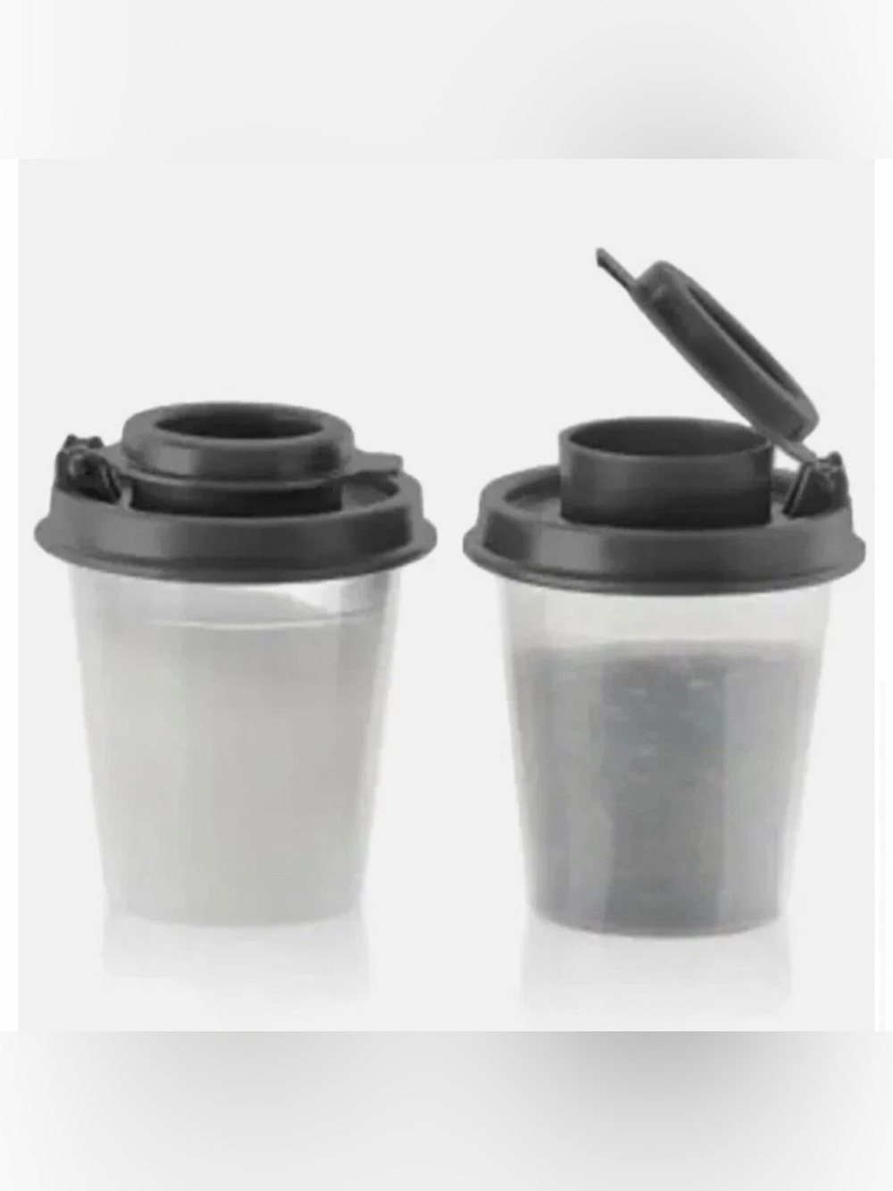 NEW 2 OZ SALT & PEPPER MIDGETS TUPPERWARE FLIP TOP SEALS SHAKERS SET SHEER BLACK